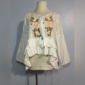 Embroidered White Boho Ruffled Blouse Sequin Seashells Beaded 100% Cotton